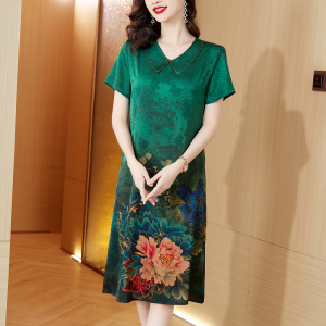 RM14167#珍珠缎香云纱连衣裙女2023年夏季新款气质减龄重裙子植物花卉
