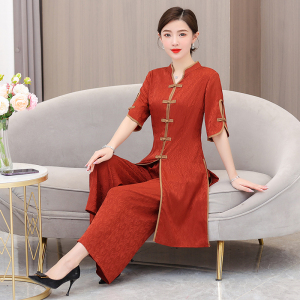 RM14161#夏装女2023年夏季新款妈妈装中国风复古提花纯色显瘦修身两件套装