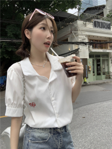 TR44320# 韩系花边爱心刺绣泡泡袖衬衫白色小清新娃娃领短袖上衣 服装批发女装批发服饰货源