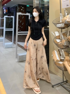 RM14346#设计感流苏中国风上衣polo衫显瘦短袖T恤+ 新中式淡黄色裙裤