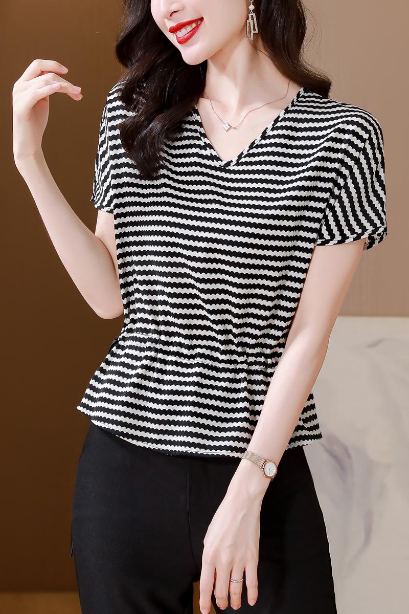 緞面條紋新款2026女夏時尚韓版寬松經典條紋顯瘦蝙蝠袖T恤上衣