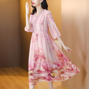 RM14465#真丝连衣裙夏2023新款收腰法式优雅桑蚕丝裙高端大牌气质长裙