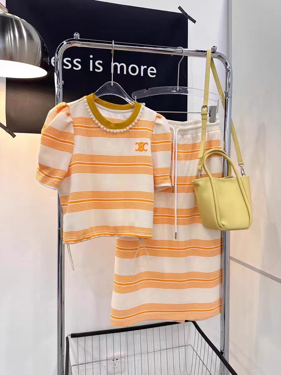 European goods 2023 summer new pearl round neck bubble short-sleeved short striped T-shirt + long skirt suit