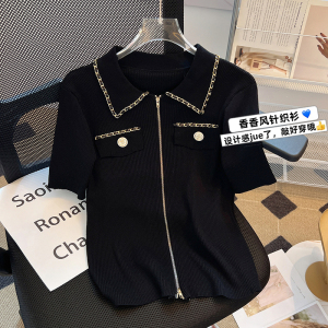 RM15375#高级感~小香风重工翻领修身显瘦黑色冰丝针织衫拉链短款上衣女夏