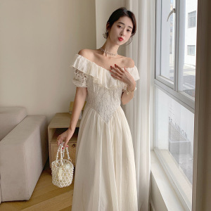 RM14345#连衣裙蕾丝甜美淑女短袖套头纯色