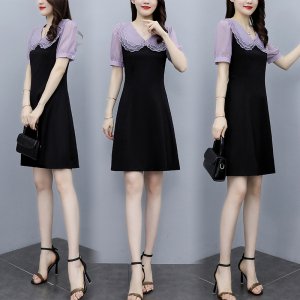 RM16593#大码女装夏装新款法式复古连衣裙女气质娃娃领显瘦小黑裙子