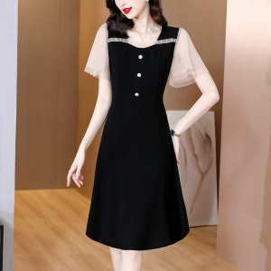 RM14806#黑色短袖雪纺连衣裙女中长款2023新款夏季气质修身收腰