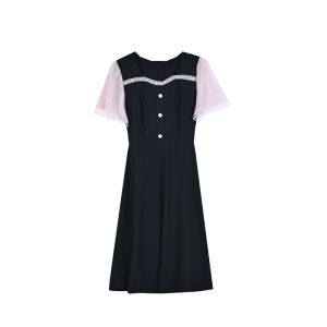 RM14806#黑色短袖雪纺连衣裙女中长款2023新款夏季气质修身收腰