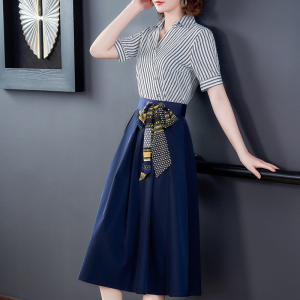 RM14807#夏季新款连衣裙女法式复古收腰条纹假两件裙子