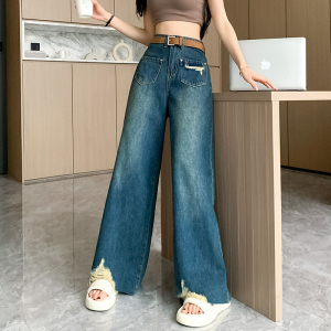RM16334#牛仔裤女装2023夏季新款高腰设计感口袋阔腿裤子直筒拖地长裤