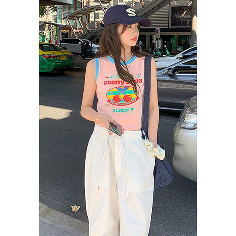 Chic Korean style Harajuku style sleeveless racer vest T-shirt women's summer new personality creative print short top