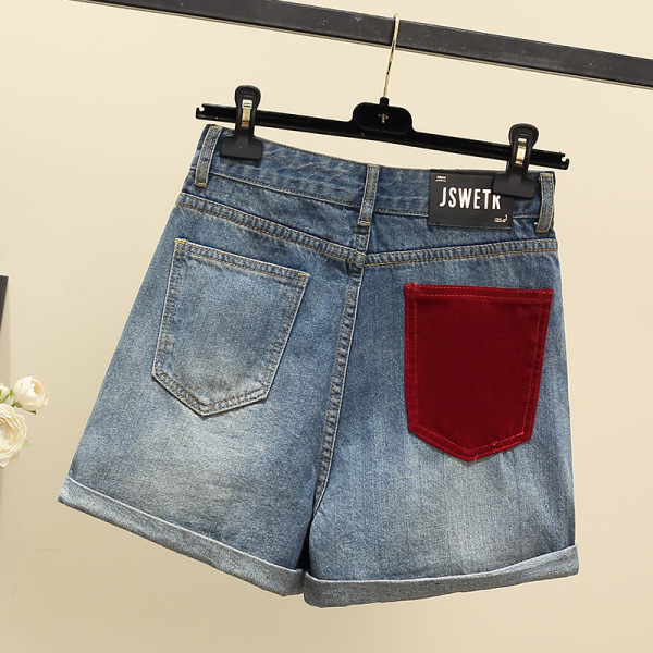 RM14258#牛仔短裤女夏季薄款a字高腰宽松显瘦撞色设计感辣妹热裤