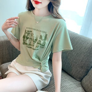 RM14108#夏季新款别致设计短款上衣女夏豆绿色开叉纯棉短袖T恤