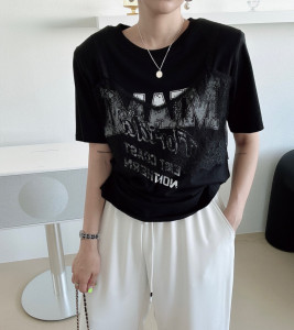 TR37619# 韩国东大门蕾丝拼接字母印花短袖T恤女 服装批发女装批发服饰货源