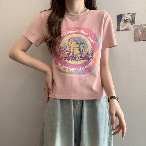 RM13993#夏季新款韩版时尚修身短袖T恤女创意复古印花百搭短款上衣