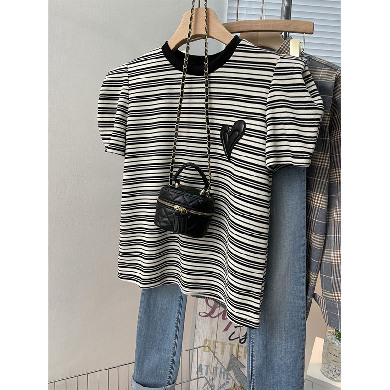 New Korean style fashion niche design striped shoulder pads look thin and all-match pure cotton T-shirt