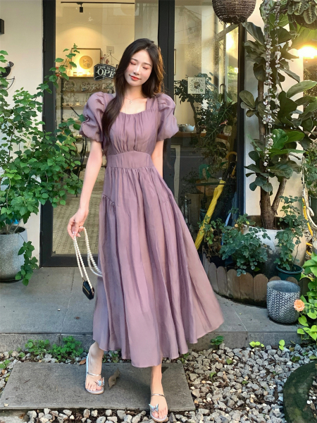 RM14395#显瘦仙女裙女中长款夏季法式甜美温柔风泡泡袖天丝连衣裙