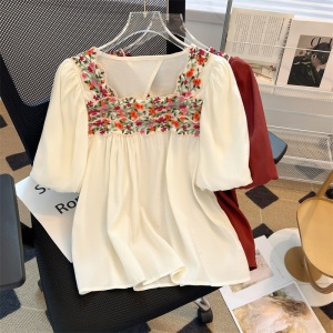 RM15399#法式方领蕾丝边拼接雪纺衫女2023薄款泡泡袖设计感小衫