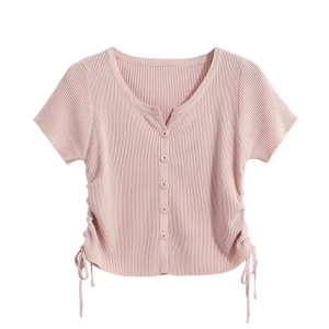 RM14081#夏装新款bm风纯欲短款抽绳小个子短袖圆领针织衫女上衣
