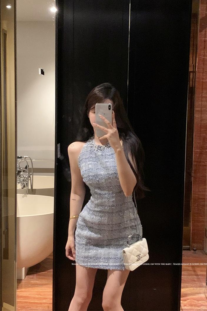 High-end socialite Xiaoxiang style halterneck heavy beading tweed dress with rich family's gold