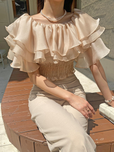 RM14011#甜美气质 打榄三层荷叶韩版雪纺衫 修身短袖雪纺上衣 性感上衣