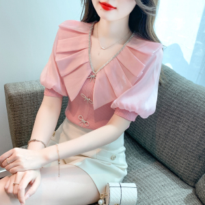RM14261#夏季韩版蝴蝶结甜美洋气泡泡袖T恤网纱针织上衣女