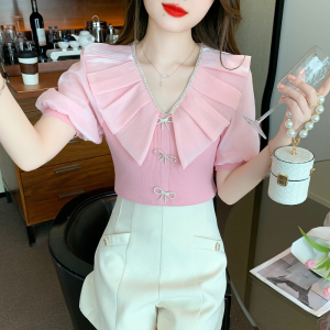 RM14261#夏季韩版蝴蝶结甜美洋气泡泡袖T恤网纱针织上衣女