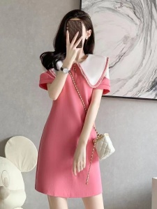 RM14886#粉色娃娃领连衣裙女夏季2023新款小个子遮肚子减龄显瘦休闲T恤裙