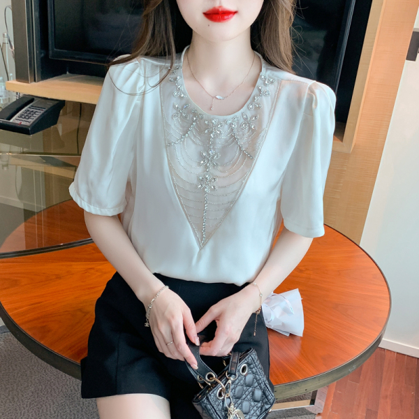 RM14263#夏新款上衣女简约时尚设计带钻重工纯色衬衫缎面气质小衫