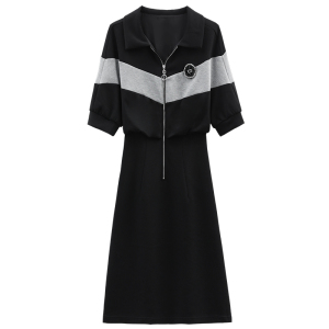 RM14569#翻领连衣裙2023夏季新款美式复古撞色拼接减龄短袖卫衣裙