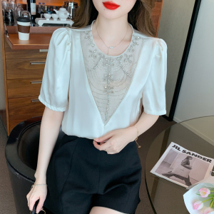 RM14263#夏新款上衣女简约时尚设计带钻重工纯色衬衫缎面气质小衫