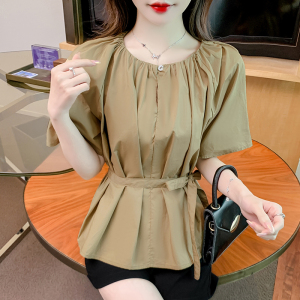RM20249#气质圆领上衣夏季女新款韩版收腰显瘦短袖衬衫设计感高级漂亮小衫