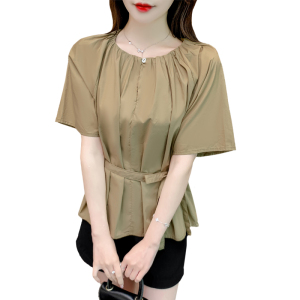 RM20249#气质圆领上衣夏季女新款韩版收腰显瘦短袖衬衫设计感高级漂亮小衫