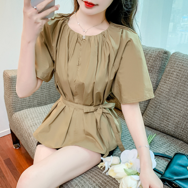 RM20249#气质圆领上衣夏季女新款韩版收腰显瘦短袖衬衫设计感高级漂亮小...
