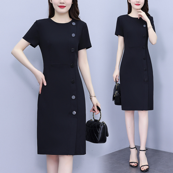 RM14936#夏季新款胖mm时尚气质显瘦单排扣连衣裙