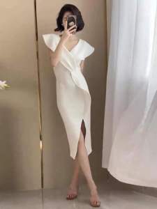 RM14321#夏季温柔御姐风连衣裙正式场合小个子显高无袖包臀开叉性感长裙子