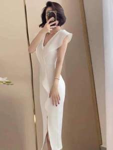RM14321#夏季温柔御姐风连衣裙正式场合小个子显高无袖包臀开叉性感长裙子