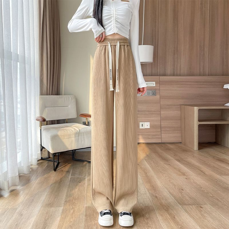 Off-white ice silk wide-leg pants women's spring and autumn summer thin section high waist drape sports casual small straight pants