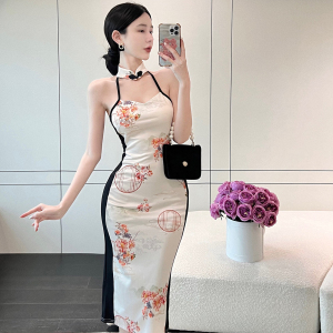 Printed Colorblock Backless Sleeveless Mid length Dress Qipao