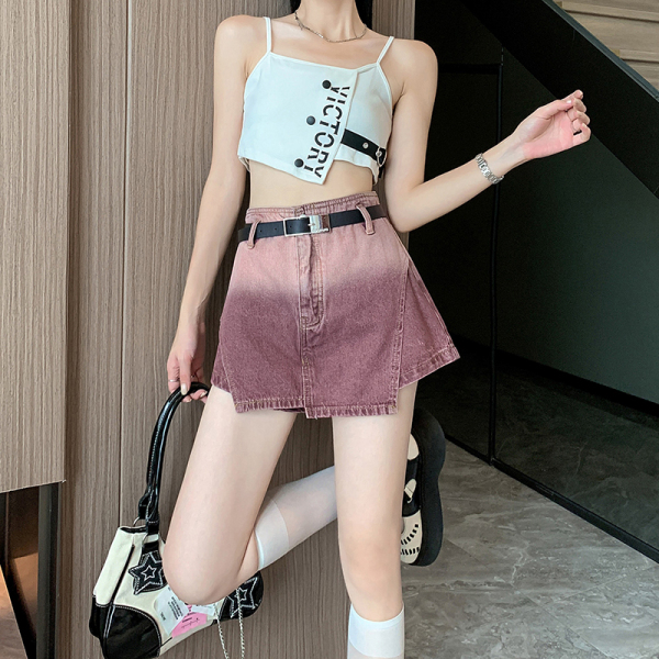 RM14368#渐变色高腰设计感A字牛仔裤裙2023新款时尚洋气甜酷假两件...