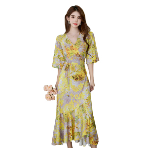 RM15026#连衣裙法式风情金黄色花卉印花一片式裹身度假长裙