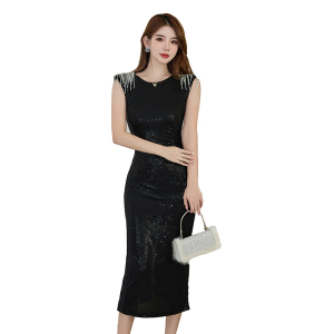 RM15018#开叉显瘦气质时尚重工设计师亮片修身连衣裙