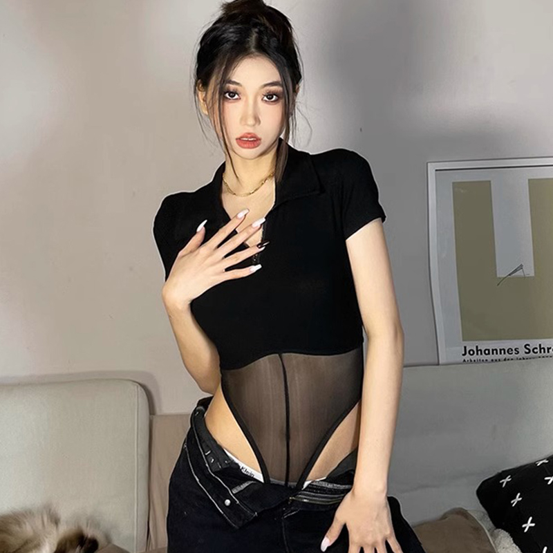 Sweet cool POLO shirt collar T-shirt Yujie see-through mesh nightclub style sexy jumpsuit top