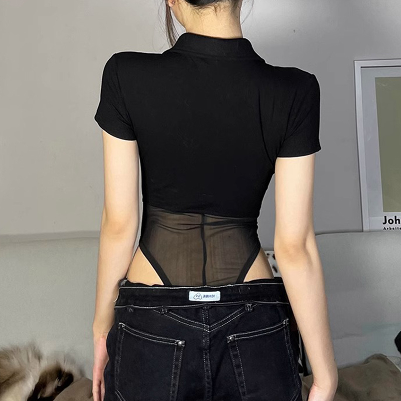 Sweet cool POLO shirt collar T-shirt Yujie see-through mesh nightclub style sexy jumpsuit top