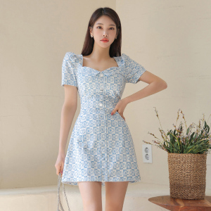 RM14445#夏季新款韩版方领泡泡袖收腰显瘦几何图案气质印花连衣裙