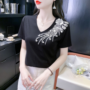 RM15304#夏季短袖镶钻重工T恤上衣纯色修身百搭通勤简约夏装