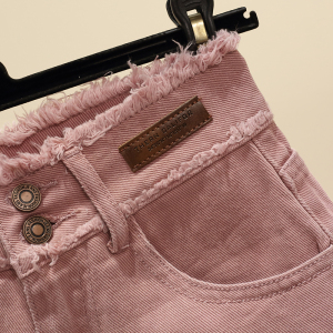 RM14113#大码女装#脏粉色牛仔短裤女梨形身材显瘦A字阔腿裤宽松毛边热裤