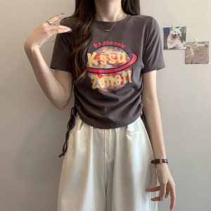RM14924#夏季新款彩色星球印花抽绳T恤小众气质修身短袖上衣女潮