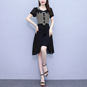 TR56398# 大码女装夏季新款条纹拼接雪纺气质假两件显瘦连衣裙女
