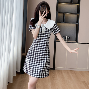 RM14430#千鸟格连衣裙娃娃领时尚气质连衣裙